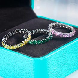 Cluster Rings QINHUAN Full Circle Diamond Line Colored Zircon Pink Green S925 Sterling Silver Platinum Plated Ring For Women Luxury Jewelry