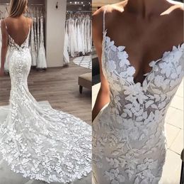 Embroidery Lace Mermaid Wedding Dresses Spaghetti Straps Beaded Sexy Backless Bridal Gowns Sleeveless Plus Size