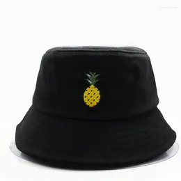Berets LDSLYJR Pineapple Embroidery Cotton Bucket Hat Fisherman Outdoor Travel Sun Cap Hats For Men And Women 134