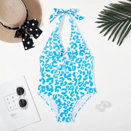 Wear Large Girls Tropical Print Onepiece Swimsuit Teen Girls Bow Strap Halterneck Swimwear Kids Beach Bathing Suits