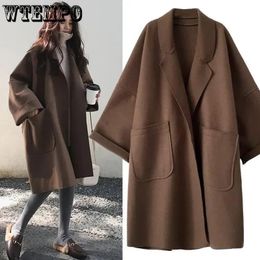 WTEMPO Elegant Woollen Trench Coats Winter Women Vintage Windbreakers Jackets Mid-Length Loose Turn-Down Collar S-4XL Cardigans 240112