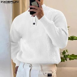 INCERUN Tops Korean Style Mens Half High Neck Knitted Patchwork Sweater Casual Street Solid Comfortable Pullovers S-5XL 240113