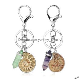 Motorcycle Car Keychains Natural Gem Stone Ammonite Shell Fluorite Reiki Pendant Keyring Door Bag Key Holder Trinket Drop Delivery Dhqkw