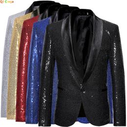 Shiny Gold Sequin Glitter Embellished Blazer Jacket Men Nightclub Prom Suit Coats Mens Costume Homme Stage Clothes For singers 240112