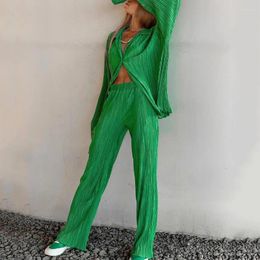 Women's Two Piece Pants Chic And Elegant Green Pieces Outfits Y2k 90s Long Sleeve Button Down Shirt Wide Leg Casual Solid Colour