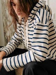 Women's Hoodies French Striped Hooded Sweatshirt Female Commuting Casual Long-Sleeved Pullover Tops