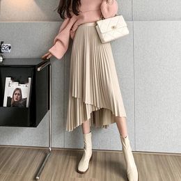 Lucyever Vintage Streetwear Pleated Skirts Female Autumn Winter High Waist Irregular Long Skirt Women Fashion A Line Midi 240112