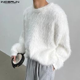 INCERUN Tops Korean Style Mens Loose Imitation Plush Fabric Pullover Casual Streetwear Solid Long Sleeved Sweater S-5XL 240113