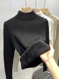 Women's Sweaters Thicken Plush Velvet Lined Knitwear Women Winter Warm Sweater Slim Jumper Korean Half Turtleneck Pullover Soft Knit Tops