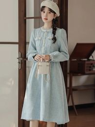 Autumn Winter Blue Tweed Long Sleeve Chic Ruffled Collar Dress Women Elegant Casual Home Dress Korean Fashion Bodycon Dress 240112