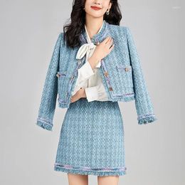 Work Dresses Winter Elegant Skirts Sets For Women 2 Pieces Long Sleeve Jacket Coat And Mini Skirt Office Lady 30% Wool Tweed Two Piece Set