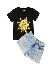 Summer Kids Girl Cartoon Sun Black Tshirt Jeans Shorts 2Pcs set Outfits Kid Casual Clothes Sweet Girls Letter Print Boutique Cost5436045