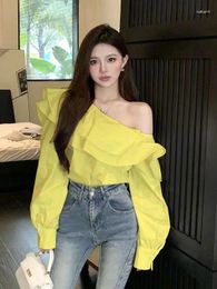 Women's Blouses Korejepo Early Spring Shirt Lotus Edge Off Shoulder Women 2024 Top Long Sleeved French Design Elegance Celebrity Short