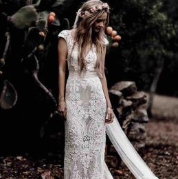 Vintage Hippie Lace Mermaid Wedding Dresses Short Sleeves Court Train V-Neck Bohemian Bridal Gowns Elegant Country Vestido De Novia 2024 Summer