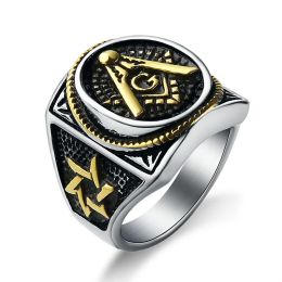 Mens Black Plating Mason Ring 14K White Gold Freemason Masonic Jewellery For 59