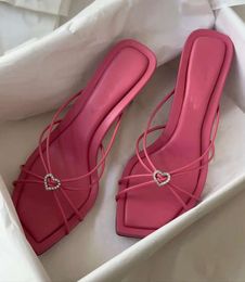 Brand Women Indiya Sandals Shoes Square Toe Nappa Leather Hearts Crystal Mule Slim Knotted Straps Ladies High Heels 556