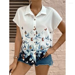 Women's Blouses Women Short Sleeved Cardigan Lady Butterfly Printed Shirt Femal Casual Loose Shirts White 2024 Summer Clothing