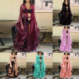 Casual Dresses Sexy Robe Women Lace Sheer Mesh Tulle Dress Perspective Maxi Floor Long Gown Vestido Feather Bridal Wedding Club