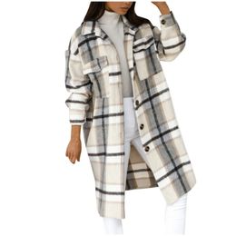Women's Outerwear Fashion Plaid Woollen Coat Long Sleeve Plaid Print Button Open Front Long Cardigan Outerwear 240113
