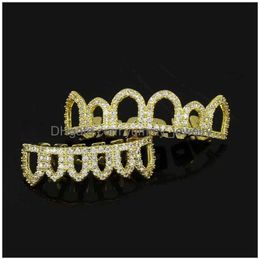 18K Gold Plated Grillz For Street Fashion Men Women Rappers Luxury Bling Zircon Dental Grills 2-Piece Set Hollow Out Hip Hop Drop Del Dhigh