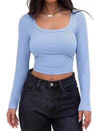 Women's T Shirts Long Sleeve Square Neck Crop Top Ribbed Slim Fitted Y2K Casual T-Shirt Tops