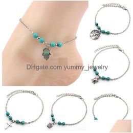 6 Styles Bohemian Turquoise Anklets Women Beach Foot Chains Cross Tree Turtles Conch Fatimas Hand Anklet For Ladies Fashion Jewellery D Dhmu7