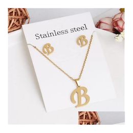 26 Letter Necklaces With Earring Jewellery Set Stainless Steel Gold Plated Choker Initial Pendant Necklace Women Alphabet Chains Drop D Otmaf