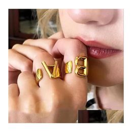 Gold Bold Initial Letter Open Ring Adjustable Women Statement Rings Personalised Engraved Signet Punk For Drop Delivery Otn6R