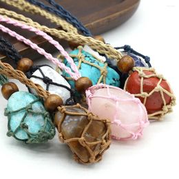 Pendant Necklaces Amazonite Rose Quartz Natural Rough Stone Irregular Necklace Net Pocket Braided Rope Jewelry MakingDIY Accessories Party