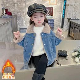 Jackets 2-10 Years Toddler Baby Denim Thick Velvet For Girls Turn Down Collar Winter Outwear Coat Kids Fall Jacket 4 5 6 7 8 9