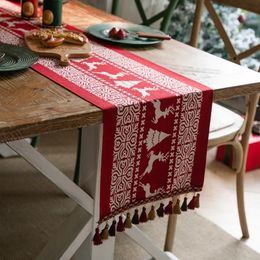 Christmas Table Runner with Tassels Yarndyed Jacquard Xmas Snowman Cloth for Dining Home Decoration 240112