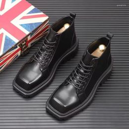 Boots England Style Mens Fashion Original Leather Black Trend Square Toe Shoes Party Nightclub Dress Cowboy Platform Ankle Botas