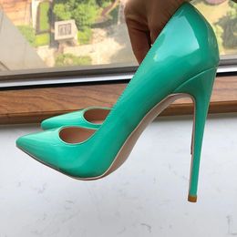 Dress Shoes Glossy Mint Green Women Pointy Toe 8cm 10cm 12cm High Heel Slip On Stiletto Pumps Plus Size 33-45