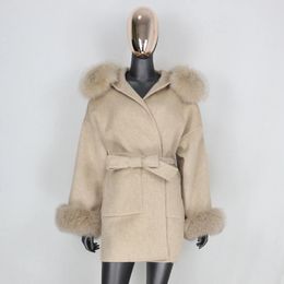 FURBELIEVE Real Fur Coat Winter Jacket Women 100% Natural Fox Fur Collar Cuffs Cashmere Wool Blends Oversize Outerwear 240112