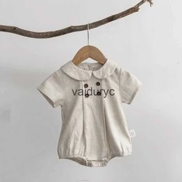 Rompers New Baby Bodysuit Peter Pan Collar Girls One Piece Breathable Linen Boys Clothes H240429