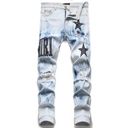 Star Embroidery Ripped Jeans Y2k Mens Jeans High Street Punk Style Streetwear Pants for Man Slim Stretch Pencil Pantalones Ropa 240112