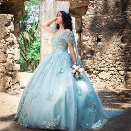 Aqua Blue Princess Off the Shoulder Quinceanera Dresses Applique Lace Tull With Cape Ball Gown Sweet 16 Dress Vestidos De 15 Anos