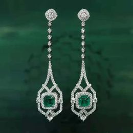 RUZZALLATI Vintage Antique Lab Emerald Jewellery Silver Colour Hollow Design Long Drop Earring for Women Dangler Gift 240113