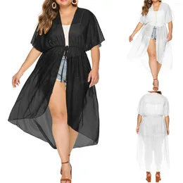 Women's Blouses Plus Size Solid Color Outerwear Women Ultra Thin Transparent Open Front Cardigan Drawstring Waist Tie Oversized Tops
