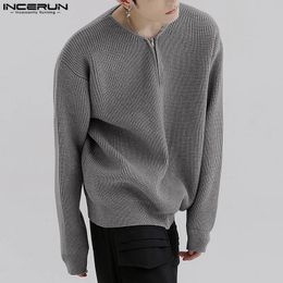 Korean Style Casual Simple Style Tops INCERUN Men Casual All-match Sweater Fashion Party Solid Semi-zip Pullovers S-5XL 240113