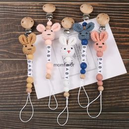 New Baby Teethers Toys Wooden Baby Pacifier Clip Wood Crochet Rabbit Teething Nipple Chain For Handmade Personalised Name Baby Dummy Soother Chain