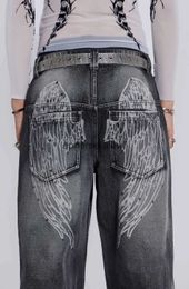 Women's Jeans New Retro Goth Distressed Perforated Washed with Retro-Inspired Wing Print and Wide Leg High Waistedephemeralew