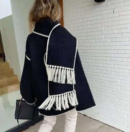 Women's Wool Women Embroidery Jacket Black Single-breasted Scarf Collar White Fringed Autumn Winter Female Contrast Color Coat Cardigan New style 24
