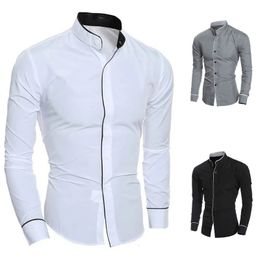 Men's Slim Fit Shirt Classic Solid Simple Standing Neck Shirt Personalized Spliced Bottom Shirt Versatile Casual Top 240112