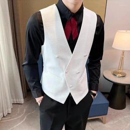 Men's Vests High End V-Neck Solid Mens Vest Jacket Korean Fashion Double Breasted Slim Fit Gilet Homme Brand Business Men Suit Waistcoat 5XL