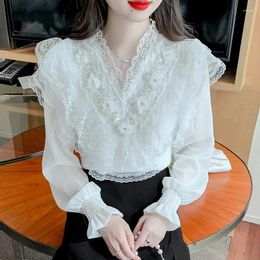 Women's Blouses 2024 V-neck Ruffled Chiffon Lace Blouse Sweet Women Elegant French Long Sleeve Crochet Shirt Blusas Ladies Simple Tops 29709