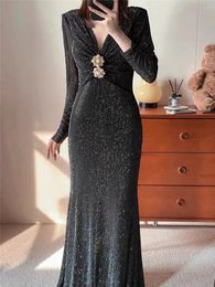 Casual Dresses Women Elegant Drill Long Bodycon Dress Sexy V-neck Long-sleeved Black Birthday Party Maxi Vestidos