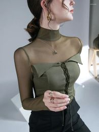 Women's T Shirts Oiinaa Women Tops Chic Spliced See Through Mesh Fabric Elegant Base Shirt Korean Fashion Office Lady Basic Skinny Top