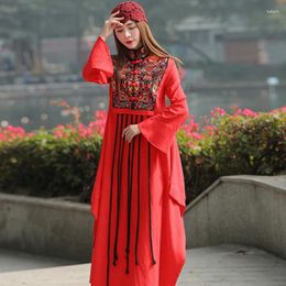 Ethnic Clothing Yang Liping's Original Retro Style Embroidered Stand Up Collar Button Dress With Flared Sleeves And Artistic Tassel