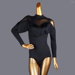 Stage Wear High Collar Latin Dance Apparel Adult Top Modern Dancer Practice Cha-cha Black Long Sleeve Tassels Gauze Elasticity